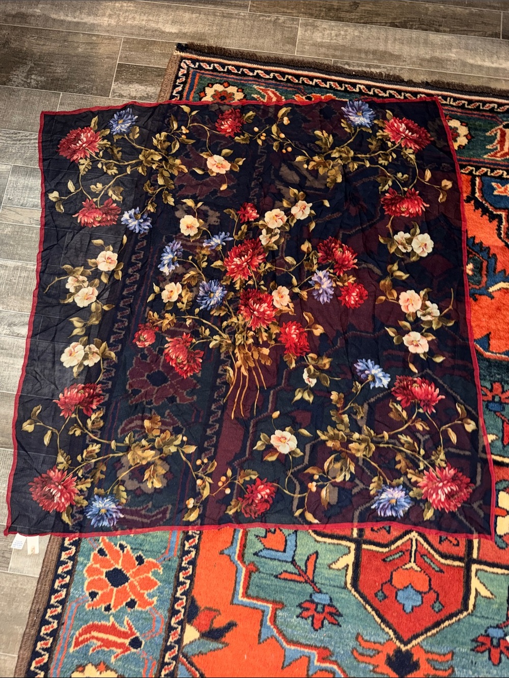 Vintage Talbots 100% Silk Square Scarf Black Floral Bouquet 34"